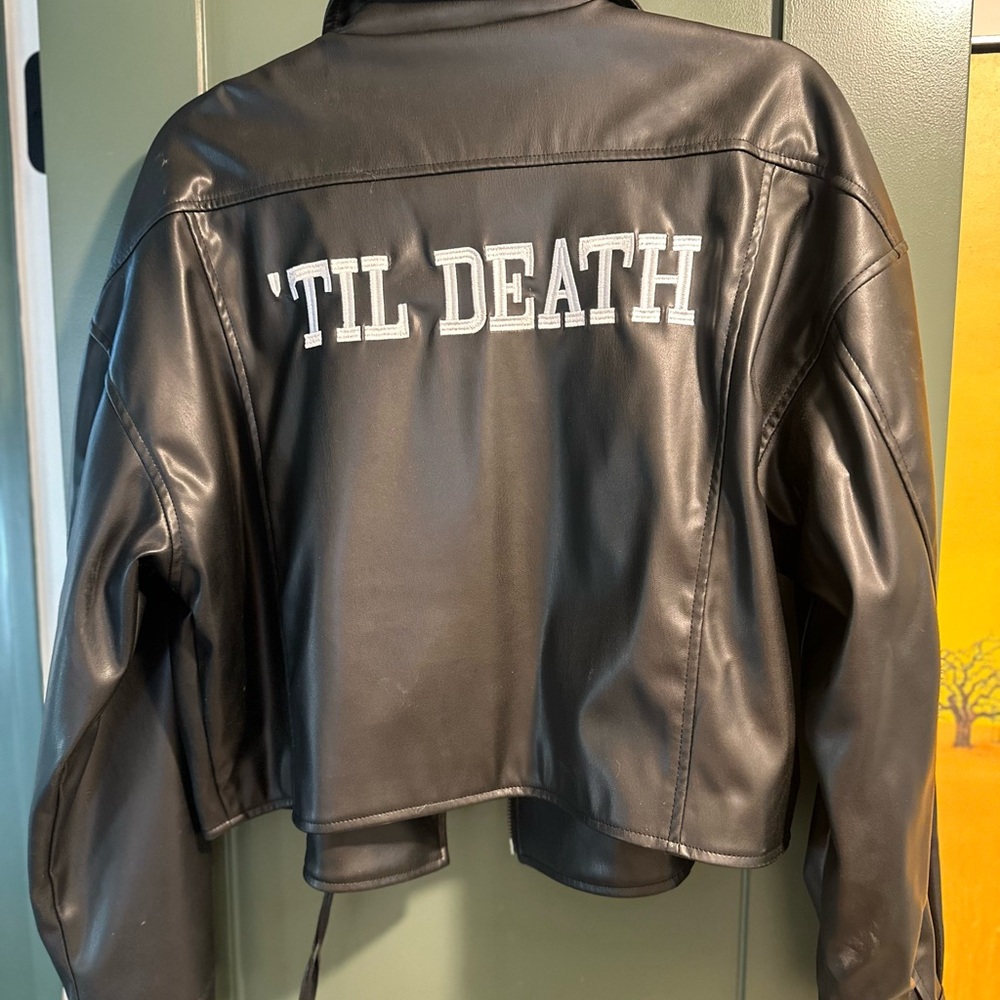 Til Death Black Vegan Leather Jacket with Embroidered Detail